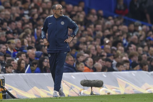 LONDON, ENGLAND - MAY 09: Head coach Maurizio Sarri of FC Chelsea looks on during the UEFA Europa League Semi Final Second Leg match between Chelsea and Eintracht Frankfurt at Stamford Bridge on May 9, 2019 in London, England. (Photo by TF-Images/Getty Images)