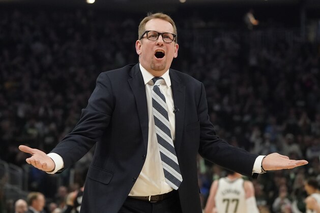 Toronto Raptors head coach Nick Nurse reacts during the first half of Game 2 of the NBA Eastern Conference basketball playoff finals against the Milwaukee Bucks Friday, May 17, 2019, in Milwaukee. (AP Photo/Morry Gash)