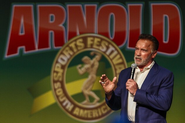 US actor and former California governor Arnold Schwarzenegger speaks during the opening of the fitness and bodybuilding Arnold Classic Brazil event in Sao Paulo, Brazil, on April 12, 2019. - The annual multi-disciplinary sports competition is named after Austrian-American actor, politician and former bodybuilder Arnold Schwarzenegger. (Photo by Miguel SCHINCARIOL / AFP)        (Photo credit should read MIGUEL SCHINCARIOL/AFP/Getty Images)