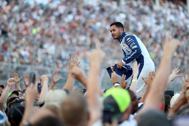 CHARLOTTE, NORTH CAROLINA - MAY 18: Kyle Larson, driver of the #42 Advent Health Chevrolet, during driver introductions before the Monster Energy NASCAR Cup Series All-Star Race at Charlotte Motor Speedway on May 18, 2019 in Charlotte, North Carolina. (Photo by Streeter Lecka/Getty Images)