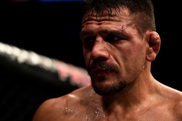 LAS VEGAS, NV - NOVEMBER 30:  Rafael Dos Anjos of Brazil reacts after the conclusion of his bout against Kamaru Usman of Nigeria during The Ultimate Fighter Finale event inside The Pearl concert theater at Palms Casino Resort on November 30, 2018 in Las Vegas, Nevada. (Photo by Chris Unger/Zuffa LLC/Zuffa LLC via Getty Images)