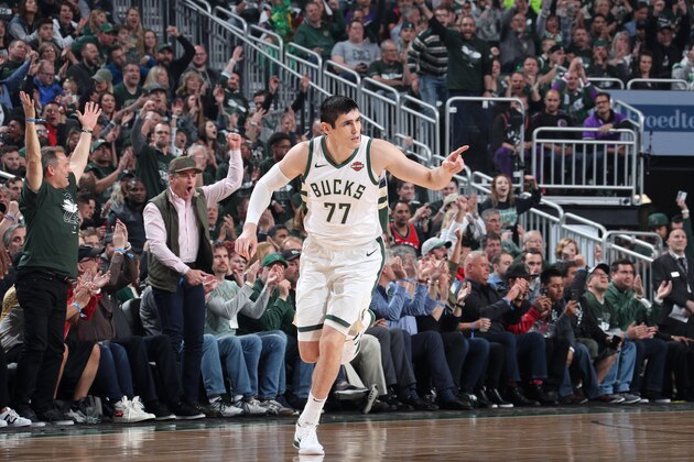 MILWAUKEE, WI - MAY 17: Ersan Ilyasova #77 of the Milwaukee Bucks reacts to a play against the Toronto Raptors during Game Two of the Eastern Conference Finals on May 17, 2019 at the Fiserv Forum in Milwaukee, Wisconsin. NOTE TO USER: User expressly acknowledges and agrees that, by downloading and/or using this photograph, user is consenting to the terms and conditions of the Getty Images License Agreement. Mandatory Copyright Notice: Copyright 2019 NBAE (Photo by Nathaniel S. Butler/NBAE via Getty Images)