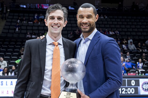 UNIOUNDALE, NY - MARCH 29: Will Weaver named NBA G-League Head Coach of the year and Trajan Langdon named G-League basketball executive of the year presented by President Shareef Abdur-Rahim before the Long Island Nets v Raptors 905 during an NBA G-League playoff game on March 29, 2019 at NYCB Live! Home of the Nassau Veterans Memorial Coliseum in Uniondale, New York. NOTE TO USER: User expressly acknowledges and agrees that, by downloading and or using this photograph, User is consenting to the terms and conditions of the Getty Images License Agreement. Mandatory Copyright Notice: Copyright 2019 NBAE (Photo by Michelle Farsi/NBAE via Getty Images)