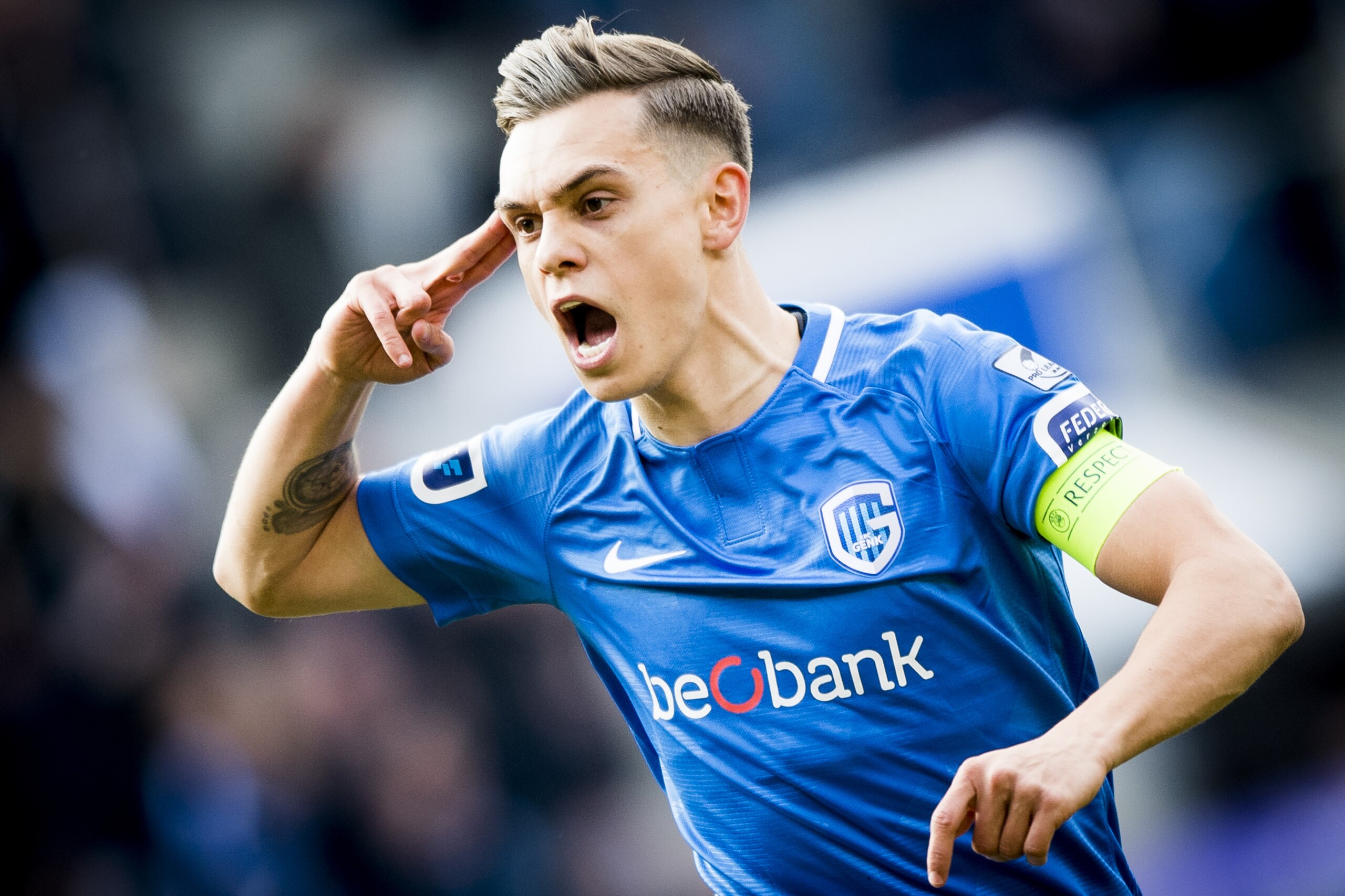 Genk's Leandro Trossard celebrate after scoring during a soccer match between RC Genk and Club Brugge, Sunday 14 April 2019 in Genk, on day 4 (out of 10) of the Play-off 1 of the 'Jupiler Pro League' Belgian soccer championship.
BELGA PHOTO JASPER JACOBS        (Photo credit should read JASPER JACOBS/AFP/Getty Images)