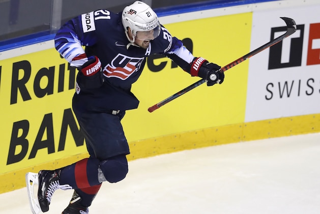 Dylan Larkin of the US celebrates after scoring his sides second goal during the Ice Hockey World Championships group A match between Germany and the United States at the Steel Arena in Kosice, Slovakia, Sunday, May 19, 2019. (AP Photo/Petr David Josek)