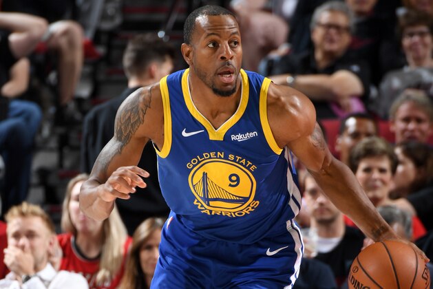 PORTLAND, OR - MAY 18: Andre Iguodala #9 of the Golden State Warriors handles the ball against the Portland Trail Blazers during Game Three of the Western Conference Finals on May 18, 2019 at the Moda Center in Portland, Oregon. NOTE TO USER: User expressly acknowledges and agrees that, by downloading and/or using this photograph, user is consenting to the terms and conditions of the Getty Images License Agreement. Mandatory Copyright Notice: Copyright 2019 NBAE (Photo by Andrew D. Bernstein/NBAE via Getty Images)