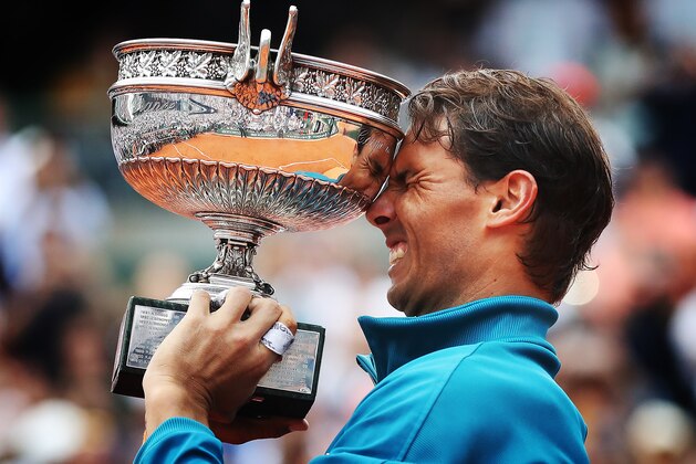 PARIS, FRANCE - JUNE 10: Rafael Nadal of Spain is seen with the trophy after his Men's Singles Final match against Dominic Thiem of Austria during day fiftteen of the 2018 French Open at Roland Garros on June 10, 2018 in Paris, France.  (Photo by Ian MacNicol/Getty Images)