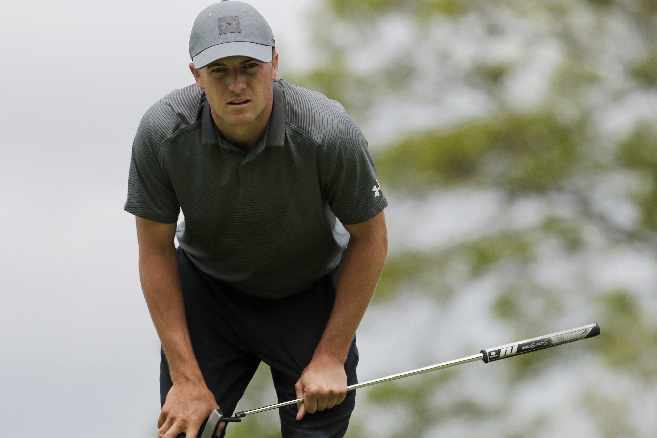 Jordan Spieth watches his putt stop short on the third green during the final round of the PGA Championship golf tournament, Sunday, May 19, 2019, at Bethpage Black in Farmingdale, N.Y. (AP Photo/Julio Cortez)