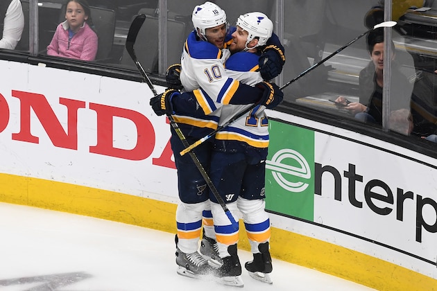 SAN JOSE, CALIFORNIA - MAY 19: Jaden Schwartz #17 of the St. Louis Blues celebrates with Brayden Schenn #10 after his second goal against the San Jose Sharks in Game Five of the Western Conference Final during the 2019 NHL Stanley Cup Playoffs at SAP Center on May 19, 2019 in San Jose, California. (Photo by Thearon W. Henderson/Getty Images)