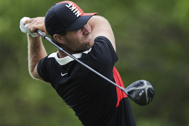 Lucas Bjerregaard drives off the 10th tee during the final round of the PGA Championship golf tournament, Sunday, May 19, 2019, at Bethpage Black in Farmingdale, N.Y. (AP Photo/Charles Krupa)