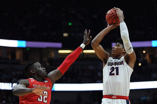 ANAHEIM, CALIFORNIA - MARCH 30: Rui Hachimura #21 of the Gonzaga Bulldogs shoots the ball against Norense Odiase #32 of the Texas Tech Red Raiders during the first half of the 2019 NCAA Men's Basketball Tournament West Regional at Honda Center on March 30, 2019 in Anaheim, California. (Photo by Harry How/Getty Images)