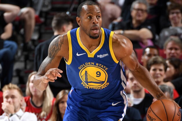 PORTLAND, OR - MAY 18: Andre Iguodala #9 of the Golden State Warriors handles the ball against the Portland Trail Blazers during Game Three of the Western Conference Finals on May 18, 2019 at the Moda Center in Portland, Oregon. NOTE TO USER: User expressly acknowledges and agrees that, by downloading and/or using this photograph, user is consenting to the terms and conditions of the Getty Images License Agreement. Mandatory Copyright Notice: Copyright 2019 NBAE (Photo by Andrew D. Bernstein/NBAE via Getty Images)