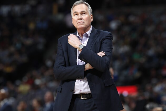 Houston Rockets head coach Mike D'Antoni in the second half of an NBA basketball game Friday, Feb. 1, 2019, in Denver. The Nuggets won 136-122.(AP Photo/David Zalubowski)