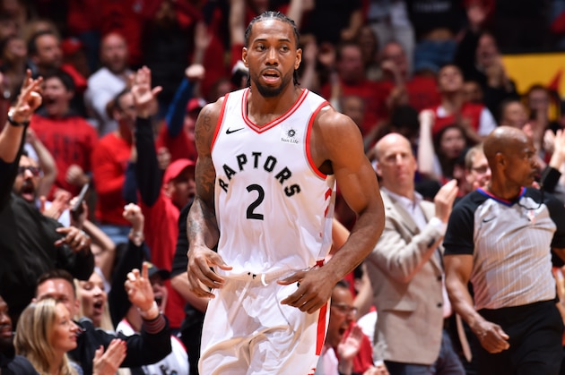 TORONTO, CANADA - MAY 19: Kawhi Leonard #2 of the Toronto Raptors looks on during a game against the Milwaukee Bucks during Game Three of the Eastern Conference Finals of the 2019 NBA Playoffs on May 19, 2019 at the Scotiabank Arena in Toronto, Ontario, Canada.  NOTE TO USER: User expressly acknowledges and agrees that, by downloading and or using this Photograph, user is consenting to the terms and conditions of the Getty Images License Agreement.  Mandatory Copyright Notice: Copyright 2019 NBAE (Photo by Jesse D. Garrabrant/NBAE via Getty Images)