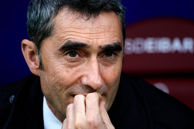 Barcelona's Spanish coach Ernesto Valverde reacts during the Spanish League football match between Eibar and Barcelona at the Ipurua stadium in Eibar on May 19, 2019. (Photo by STRINGER / AFP)        (Photo credit should read STRINGER/AFP/Getty Images)