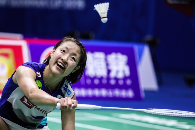 NANNING, CHINA - MAY 20:  Nozomi Okuhara of Japan reacts in the Women's Single match against Natalia Perminova of Russia during day two of the Sudirman Cup at Guangxi Sports Center on May 20, 2019 in Nanning, China.  (Photo by Shi Tang/Getty Images)