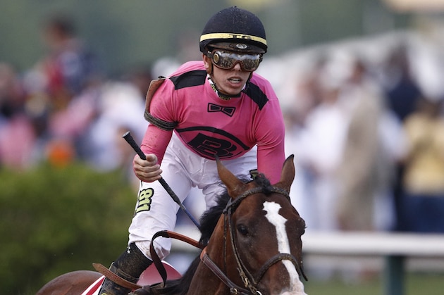 War of Will, ridden by Tyler Gaffalione reacts after crossing the finish line to win the Preakness Stakes horse race at Pimlico Race Course, Saturday, May 18, 2019, in Baltimore. (AP Photo/Patrick Semansky)