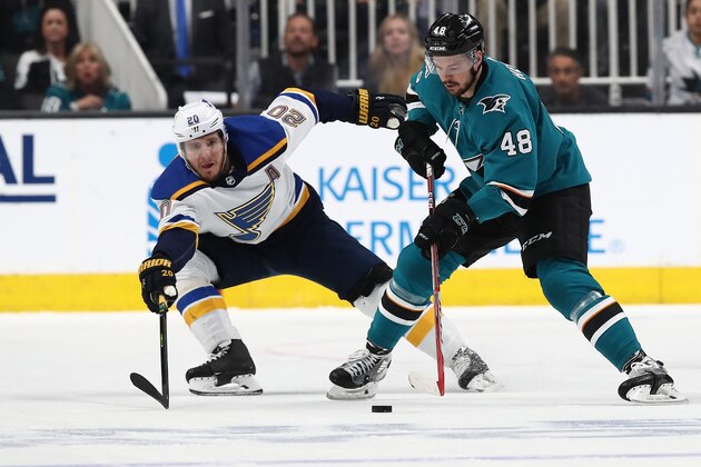 SAN JOSE, CALIFORNIA - MAY 19: Tomas Hertl #48 of the San Jose Sharks controls the puck against Alexander Steen #20 of the St. Louis Blues in Game Five of the Western Conference Final during the 2019 NHL Stanley Cup Playoffs at SAP Center on May 19, 2019 in San Jose, California. (Photo by Ezra Shaw/Getty Images)
