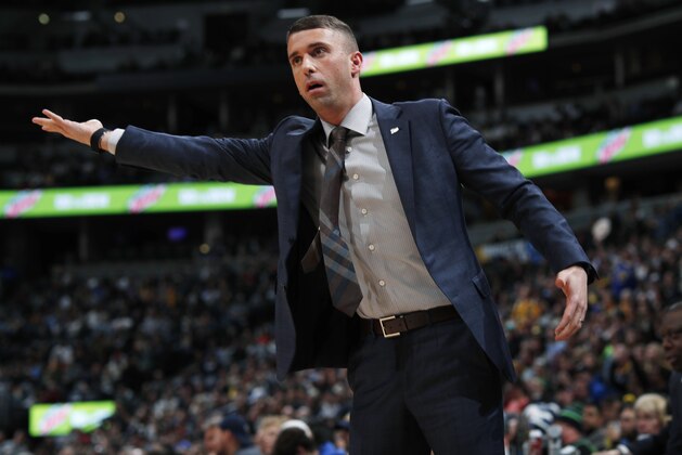Minnesota Timberwolves coach Ryan Saunders argues for a call during the second half of the team's NBA basketball game against the Denver Nuggets on Wednesday, April 10, 2019, in Denver. The Nuggets won 99-95. (AP Photo/David Zalubowski) Minnesota Timberwolves coach Ryan Saunders argues for a call during the second half of the team's NBA basketball game against the Denver Nuggets on Wednesday, April 10, 2019, in Denver. The Nuggets won 99-95. (AP Photo/David Zalubowski)
