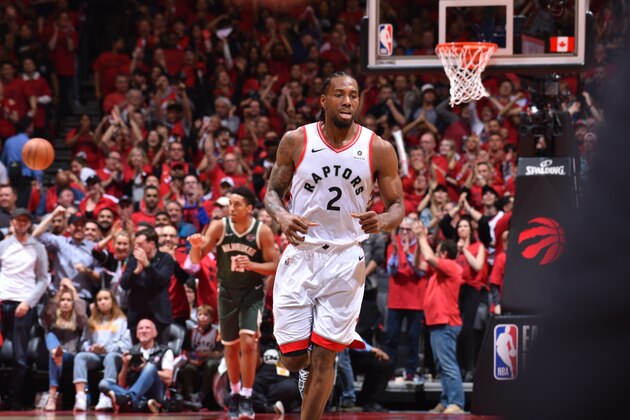 TORONTO, CANADA - MAY 19: Kawhi Leonard #2 of the Toronto Raptors runs on during a game against the Milwaukee Bucks during Game Three of the Eastern Conference Finals of the 2019 NBA Playoffs on May 19, 2019 at the Scotiabank Arena in Toronto, Ontario, Canada.  NOTE TO USER: User expressly acknowledges and agrees that, by downloading and or using this Photograph, user is consenting to the terms and conditions of the Getty Images License Agreement.  Mandatory Copyright Notice: Copyright 2019 NBAE (Photo by Jesse D. Garrabrant/NBAE via Getty Images)