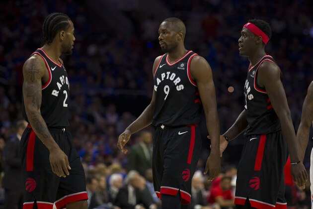 PHILADELPHIA, PA - MAY 02: Kawhi Leonard #2, Serge Ibaka #9, and Pascal Siakam #43 of the Toronto Raptors in action against the Philadelphia 76ers in Game Three of the Eastern Conference Semifinals at the Wells Fargo Center on May 2, 2019 in Philadelphia, Pennsylvania. The 76ers defeated the Raptors 116-95. NOTE TO USER: User expressly acknowledges and agrees that, by downloading and or using this photograph, User is consenting to the terms and conditions of the Getty Images License Agreement. (Photo by Mitchell Leff/Getty Images)