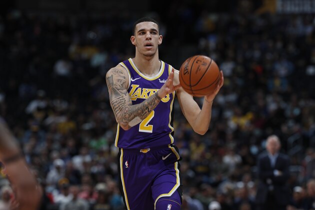 Los Angeles Lakers guard Lonzo Ball (2) in the first half of an NBA basketball game Tuesday, Nov. 27, 2018, in Denver. (AP Photo/David Zalubowski)