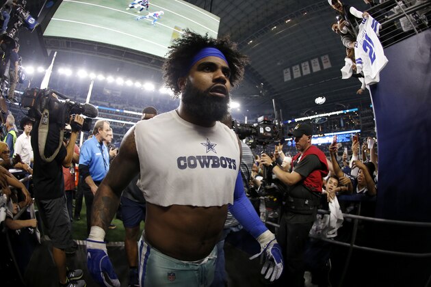 Dallas Cowboys running back Ezekiel Elliott (21) heads to the clubhouse after an NFC wild-card NFL football game against the Seattle Seahawks in Arlington, Texas, Saturday, Jan. 5, 2019.(AP Photo/Ron Jenkins)