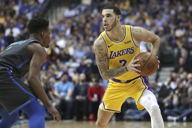 Los Angeles Lakers guard Lonzo Ball (2) looks to pass during the first quarter of an NBA basketball game against the Dallas Mavericks in Dallas, Monday, Jan. 7, 2019. (AP Photo/LM Otero)