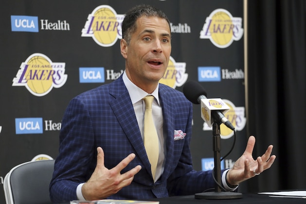FILE - In this July 11, 2018, file photo, Los Angeles Lakers general manager Rob Pelinka speaks at a news conference at the NBA basketball team's headquarters in El Segundo, Calif. The  Lakers say they have mutually agreed to part ways with coach Luke Walton after three losing seasons. Pelinka announced Walton's departure Friday, April 12, 2019. (AP Photo/Reed Saxon, File)