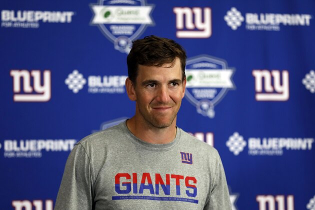 New York Giants quarterback Eli Manning speaks with the media following an NFL football practice Monday, May 20, 2019, in East Rutherford, N.J. (AP Photo/Adam Hunger)
