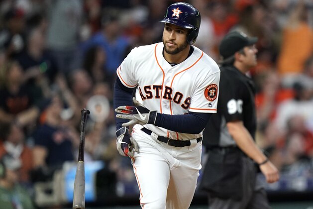 Houston Astros' George Springer tosses his bat after hitting a home run against the Cleveland Indians during the third inning of a baseball game Thursday, April 25, 2019, in Houston. (AP Photo/David J. Phillip)