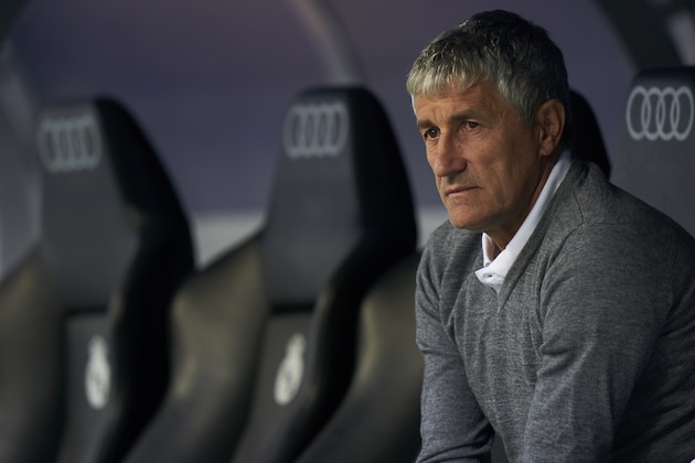 MADRID, SPAIN - MAY 19: Quique Setien of  Real Betis Balonpie in the bench during the La Liga match between Real Madrid CF and Real Betis Balompie at Estadio Santiago Bernabeu on May 19, 2019 in Madrid, Spain. (Photo by Quality Sport Images/Getty Images)