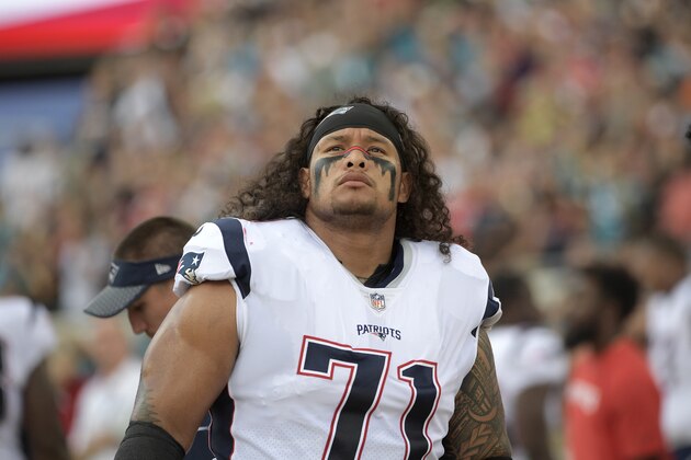 New England Patriots defensive tackle Danny Shelton (71) watches from the sideline before an NFL football game against the Jacksonville Jaguars Sunday, Sept. 16, 2018, in Jacksonville, Fla. (AP Photo/Phelan M. Ebenhack)