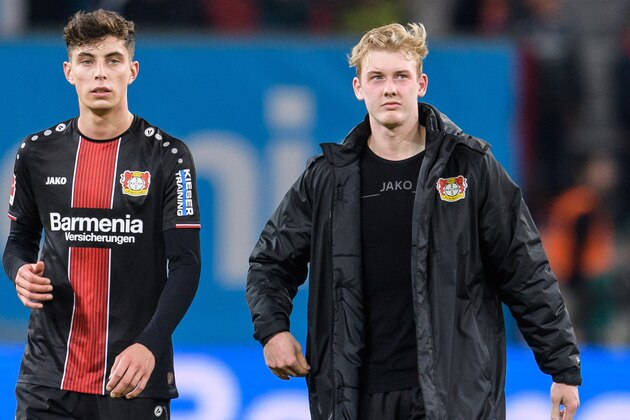 LEVERKUSEN, GERMANY - FEBRUARY 17: (L-R) Kai Havertz, Julian Brandt and Leon Bailey of Bayer Leverkusen after the Bundesliga match between Bayer 04 Leverkusen and Fortuna Düsseldorf at the BayArena on February 17, 2019 in Leverkusen, Germany. (Photo by Jörg Schüler/Getty Images)
