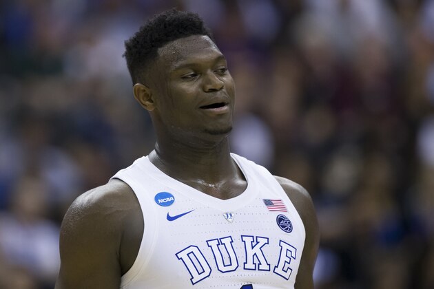 Duke forward Zion Williamson (1) reacts during an NCAA men's college East Regional semifinal basketball game against Virginia Tech in Washington, Friday, March 29, 2019. (AP Photo/Alex Brandon)