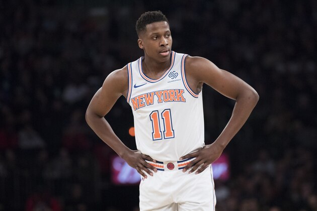 New York Knicks guard Frank Ntilikina during a pause in action during the first half of an NBA basketball game against the Denver Nuggets, Friday, March 22, 2019, at Madison Square Garden in New York. (AP Photo/Mary Altaffer)