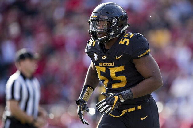 FAYETTEVILLE, AR - NOVEMBER 24:  Jordan Harold #55 of the Missouri Tigers jogs off the field during a game against the Arkansas Razorbacks at Razorback Stadium on November 24, 2017 in Fayetteville, Arkansas.  The Tigers defeated the Razorbacks 48-45.  (Photo by Wesley Hitt/Getty Images)
