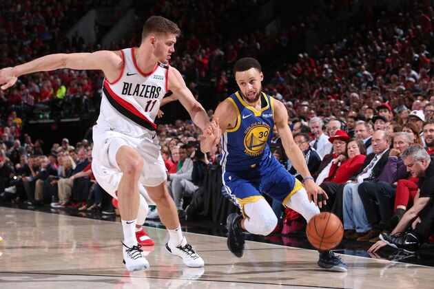 PORTLAND, OR - MAY 20:  Stephen Curry #30 of the Golden State Warriors handles the ball against the Portland Trail Blazers during Game Four of the Western Conference Finals on May 20, 2019 at the Moda Center in Portland, Oregon. NOTE TO USER: User expressly acknowledges and agrees that, by downloading and/or using this photograph, user is consenting to the terms and conditions of the Getty Images License Agreement. Mandatory Copyright Notice: Copyright 2019 NBAE (Photo by Sam Forencich/NBAE via Getty Images)