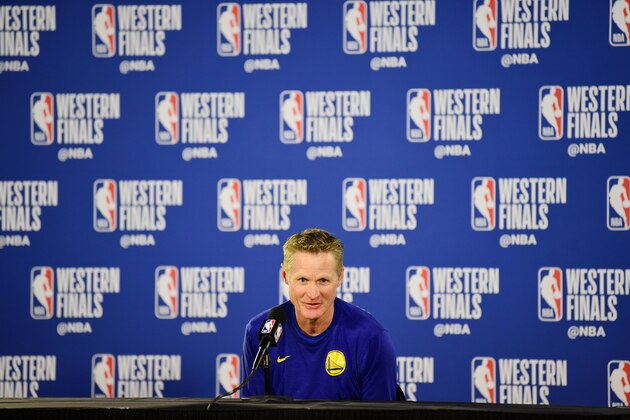 PORTLAND, OR - MAY 20: Steve Kerr of the Golden State Warriors speaks to the media prior to Game Four of the Western Conference Finals on May 20, 2019 at the Moda Center in Portland, Oregon. NOTE TO USER: User expressly acknowledges and agrees that, by downloading and/or using this photograph, user is consenting to the terms and conditions of the Getty Images License Agreement. Mandatory Copyright Notice: Copyright 2019 NBAE (Photo by Noah Graham/NBAE via Getty Images)