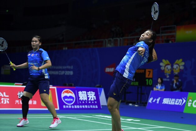 Malaysia's Chow Mei Kuan (R) and Lee Meng Yean return to India's Ashwini Ponnappa and N.Sikki Reddy during their men's doubles match of the 2019 Sudirman Cup world badminton championships in Nanning in China's southern Guangxi region on May 21, 2019. (Photo by WANG ZHAO / AFP)        (Photo credit should read WANG ZHAO/AFP/Getty Images)