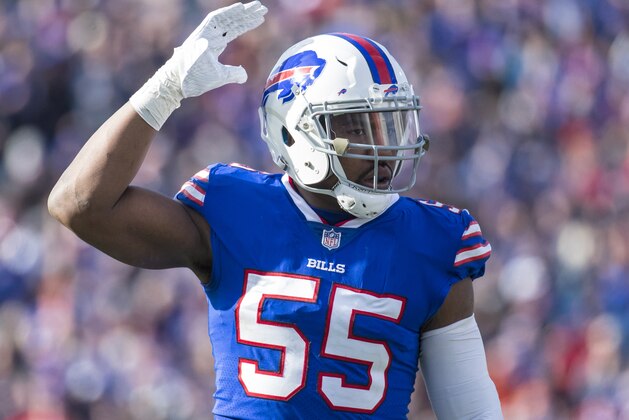 ORCHARD PARK, NY - NOVEMBER 04:  Jerry Hughes #55 of the Buffalo Bills excites the crowd during the game against the Chicago Bears at New Era Field on November 4, 2018 in Orchard Park, New York. Chicago defeats Buffalo 41-9.  (Photo by Brett Carlsen/Getty Images)