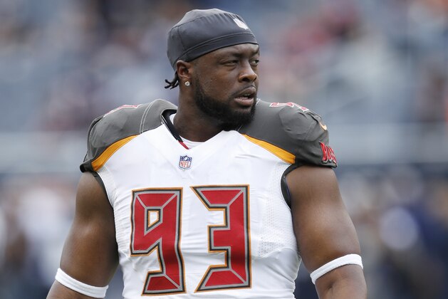 CHICAGO, IL - SEPTEMBER 30: Gerald McCoy #93 of the Tampa Bay Buccaneers looks on during the game against the Chicago Bears at Soldier Field on September 30, 2018 in Chicago, Illinois. The Bears won 48-10. (Photo by Joe Robbins/Getty Images)