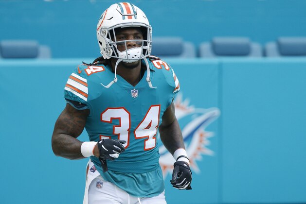 Miami Dolphins running back Senorise Perry (34) warms up, before an NFL football game against the Buffalo Bills, Sunday, Dec. 2, 2018, in Miami Gardens, Fla. (AP Photo/Joel Auerbach)