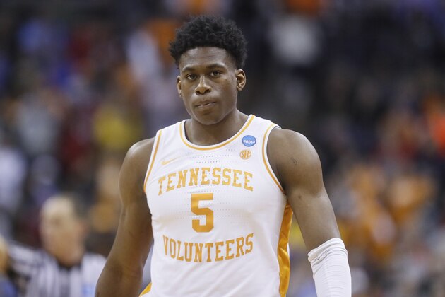 Tennessee's Admiral Schofield reacts in the second half during a second round men's college basketball game against Iowa in the NCAA Tournament, Sunday, March 24, 2019, in Columbus, Ohio. (AP Photo/John Minchillo)