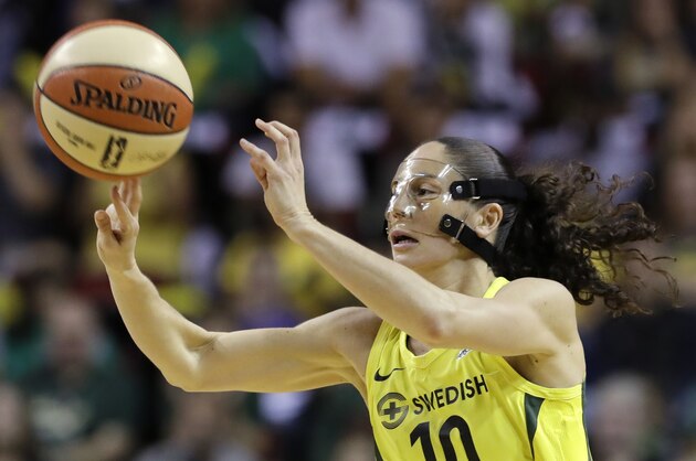 Seattle Storm's Sue Bird in action against the Washington Mystics in Game 2 of the WNBA basketball finals Sunday, Sept. 9, 2018, in Seattle. (AP Photo/Elaine Thompson)