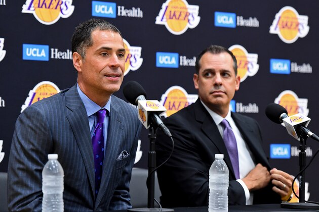 EL SEGUNDO, CA - MAY 20:  Rob Pelinka of the Los Angeles Lakers introduces Frank Vogel as the new head coach during a press conference on May 20, 2019 at the UCLA Health Training Center in El Segundo, California. NOTE TO USER: User expressly acknowledges and agrees that, by downloading and/or using this photograph, User is consenting to the terms and conditions of Getty Images License Agreement. Mandatory Copyright Notice: Copyright 2019 NBAE (Photo by Juan Ocampo/NBAE via Getty Images)