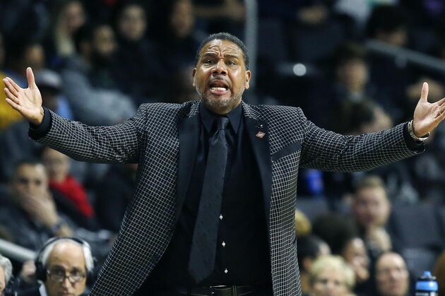 Providence head coach Ed Cooley reacts to a call during the first half of a first round NCAA National Invitation Tournament college basketball game against Arkansas in Providence, R.I., Tuesday, March 19, 2019. (AP Photo/Michael Dwyer)