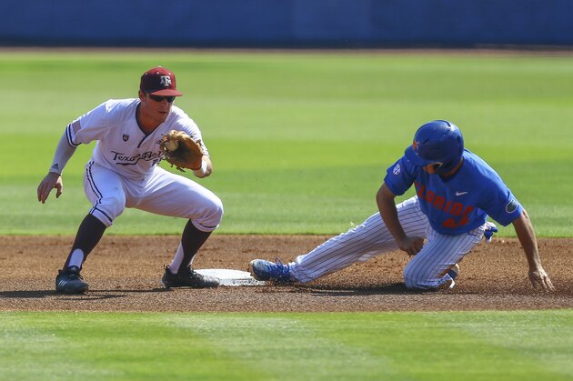 Florida's Austin Langworthy (44) beats the throw to Texas A&M second baseman Bryce Blaum as he steals second during the first inning of the Southeastern Conference tournament NCAA college baseball game, Tuesday, May 21, 2019, in Birmingham, Ala. (AP Photo/Butch Dill)