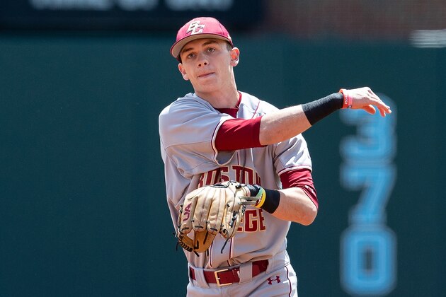 Boston College's Cody Morissette (7) makes a throw during an NCAA college baseball game, Saturday, April 20, 2019, in Chapel Hill, N.C. (AP Photo/Ben McKeown)