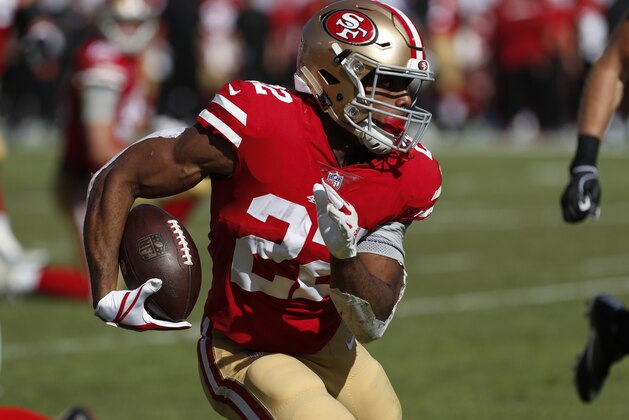 San Francisco 49ers running back Matt Breida (22) runs against the Tampa Bay Buccaneers during the first half of an NFL football game Sunday, Nov. 25, 2018, in Tampa, Fla. (AP Photo/Mark LoMoglio)